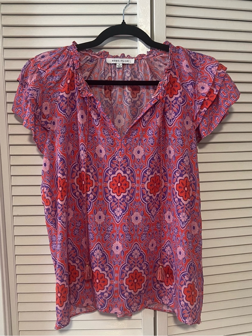 Rose & Olive Coral and Purple Floral Print V-Neck Blouse with Ties